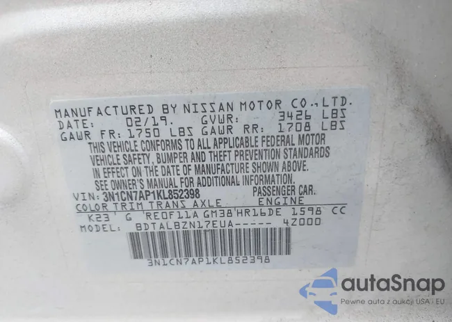 3N1CN7AP1KL852398: 43206639