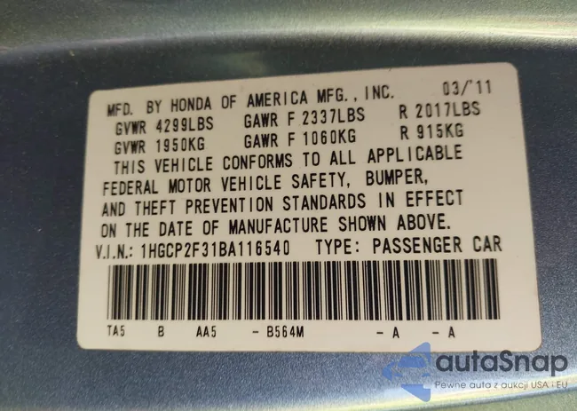 1HGCP2F31BA116540: 43206808