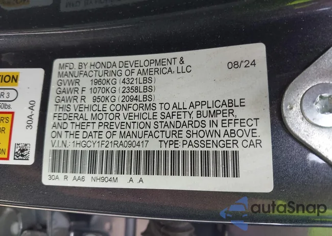 1HGCY1F21RA090417: 43208009