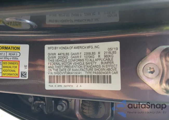 1HGCV1F34KA109341: 43208043