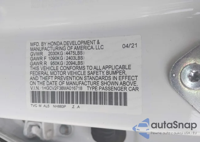 1HGCV2F38MA016718: 43208169