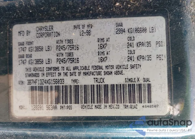 3B7HF13Z4XG156033: 43208347