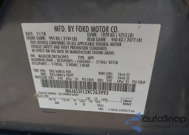 MAJ6S3FL2KC263993: 43207807