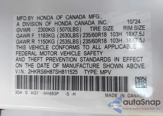 2HKRS6H87SH811525: 43209068