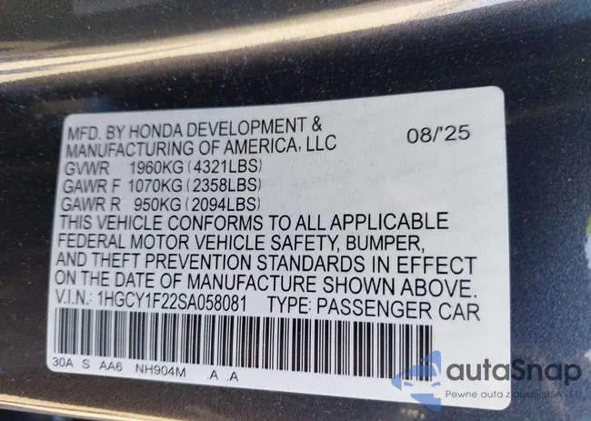 1HGCY1F22SA058081: 43209196