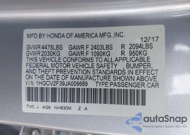 1HGCV2F39JA009689: 43209410