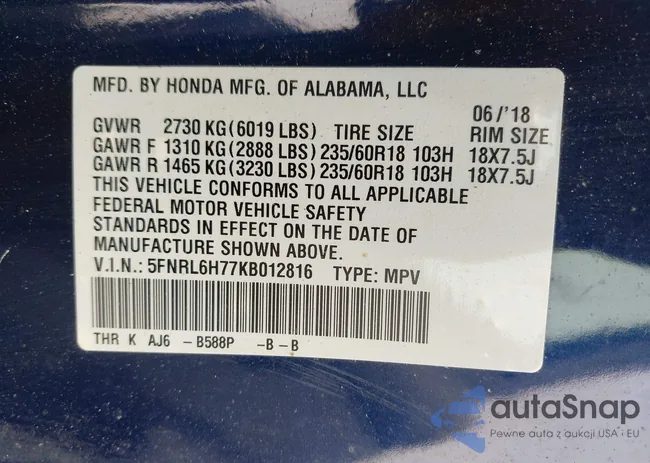 5FNRL6H77KB012816: 43208617