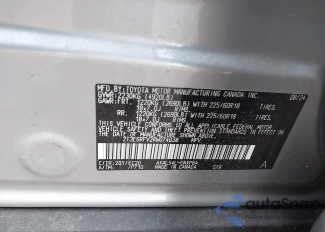 2T3E6RFV2RW074038: 43208742