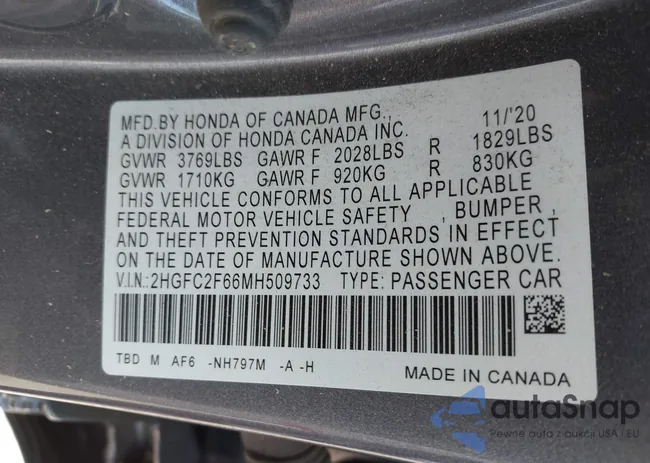 2HGFC2F66MH509733: 43210031