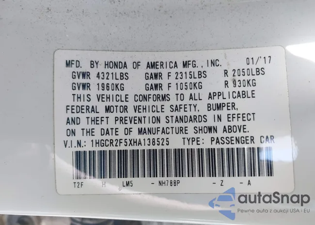 1HGCR2F5XHA138525: 43209546