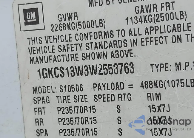 1GKCS13W3W2558763: 43211213