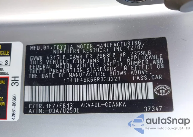 4T4BE46K68R038221: 43211225