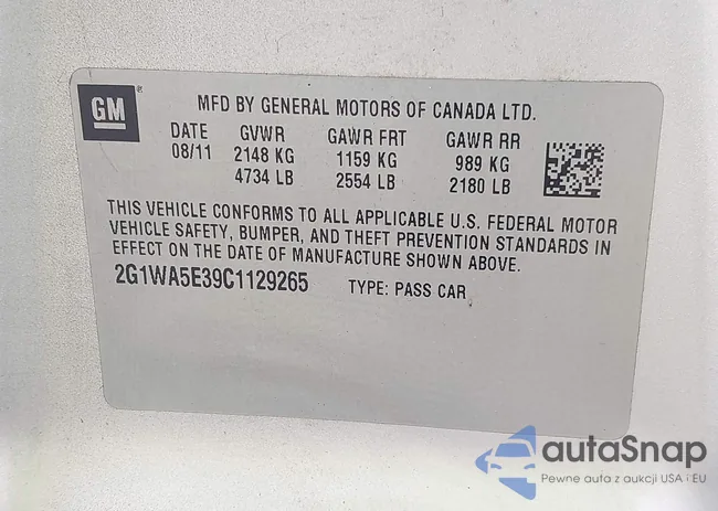 2G1WA5E39C1129265: 43210625