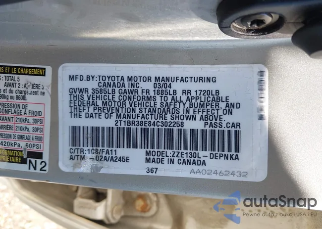 2T1BR38E84C302258: 43210871