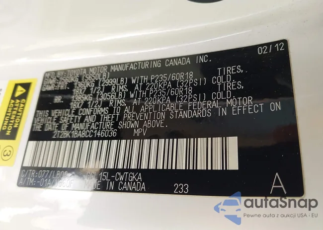 2T2BK1BA8CC146036: 43211955