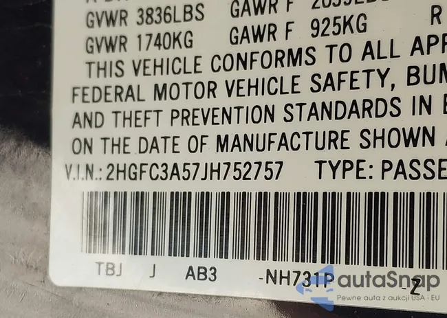 2HGFC3A57JH752757: 43212000