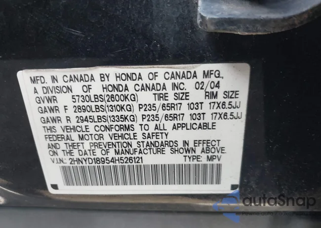 2HNYD18954H526121: 43212034