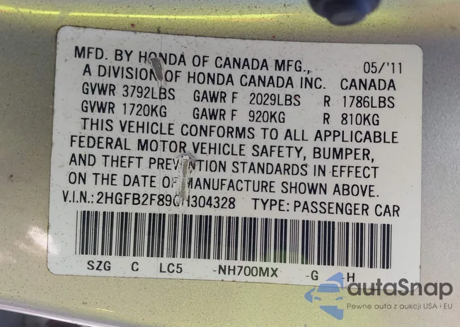 2HGFB2F89CH304328: 43211824