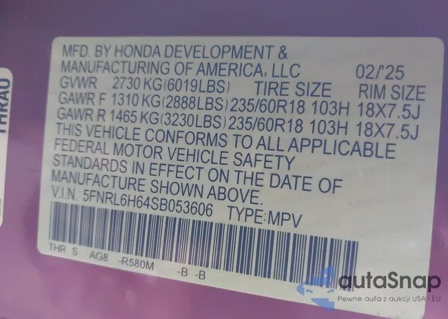 5FNRL6H64SB053606: 43212587