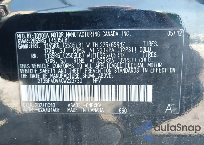 2T3BF4DV4CW223730: 43213650