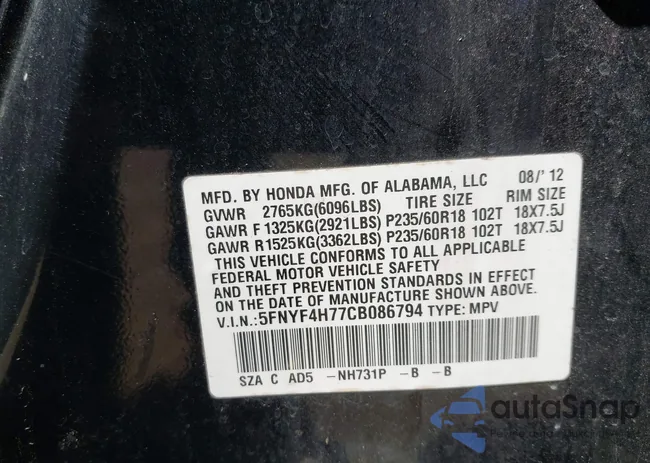 5FNYF4H77CB086794: 43214829