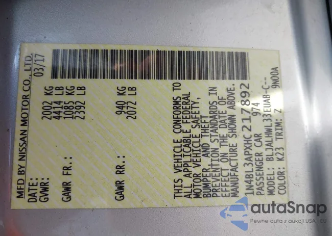 1N4BL3APXHC217892: 43216091