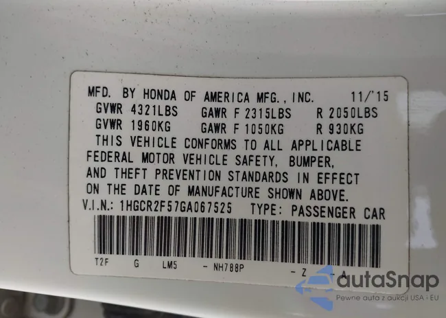 1HGCR2F57GA067525: 43216135