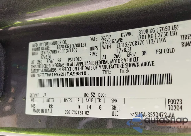 1FTFW1RG2HFA96818: 43215817