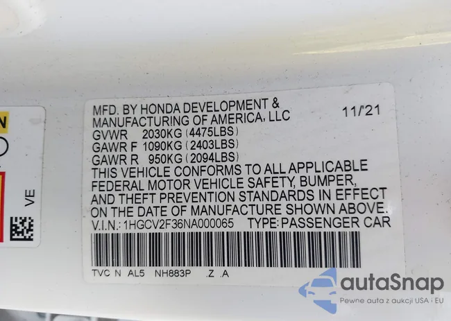 1HGCV2F36NA000065: 43217190