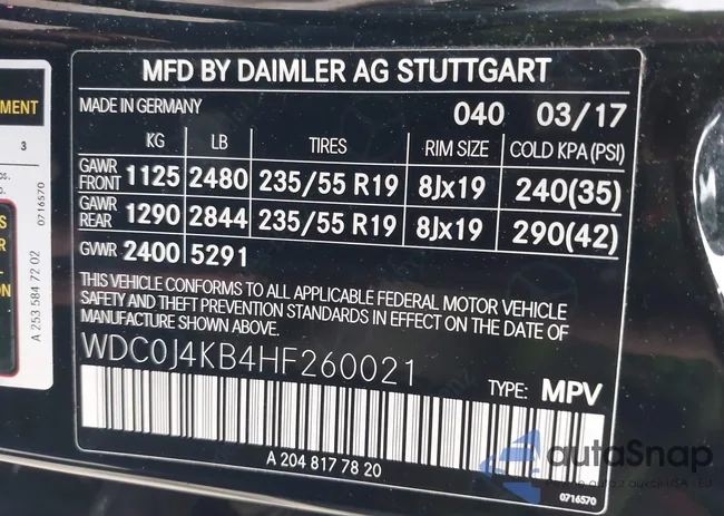 WDC0J4KB4HF260021: 43217324