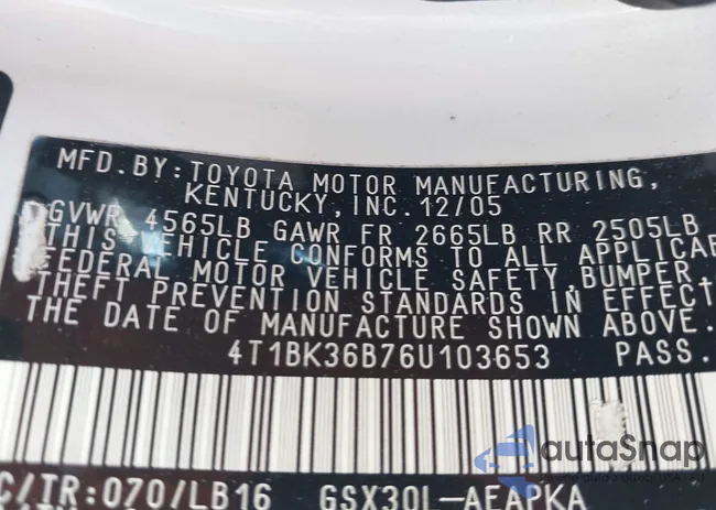 4T1BK36B76U103653: 43217547