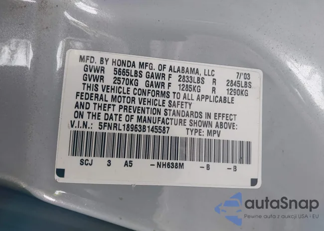 5FNRL18963B145587: 43217581