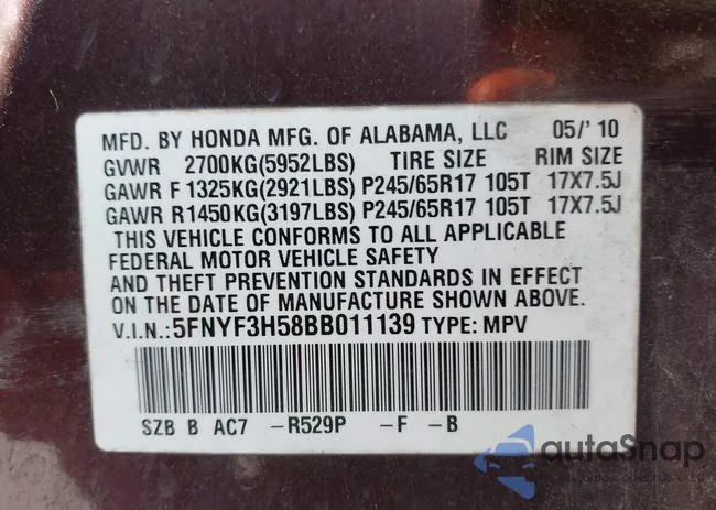 5FNYF3H58BB011139: 43219351