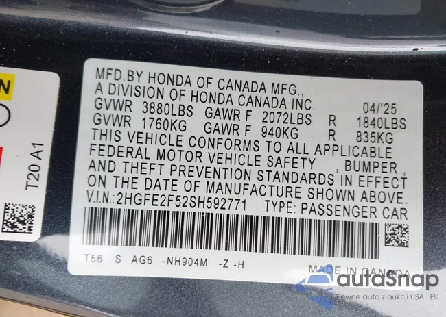 2HGFE2F52SH592771: 43220114