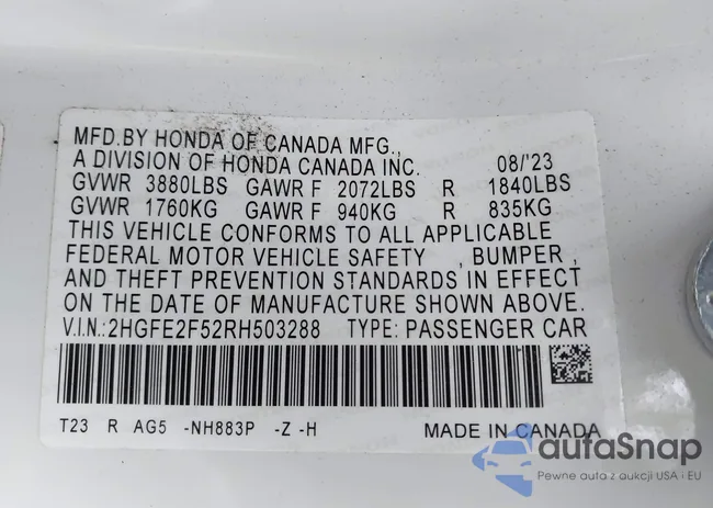 2HGFE2F52RH503288: 43219837