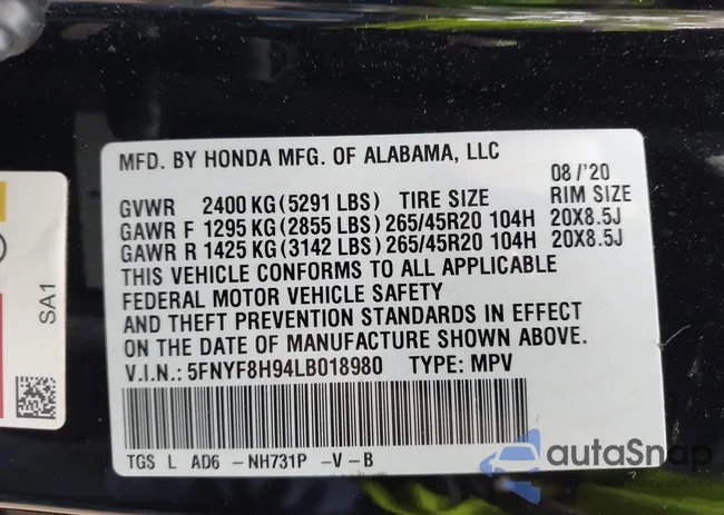 5FNYF8H94LB018980: 43219862