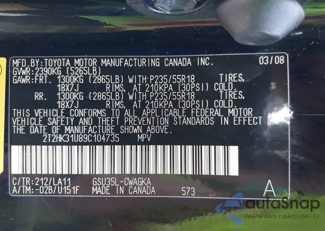 2T2HK31U89C104735: 43220948