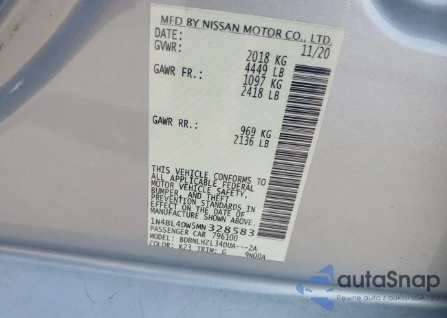 1N4BL4DW5MN328583: 43221456