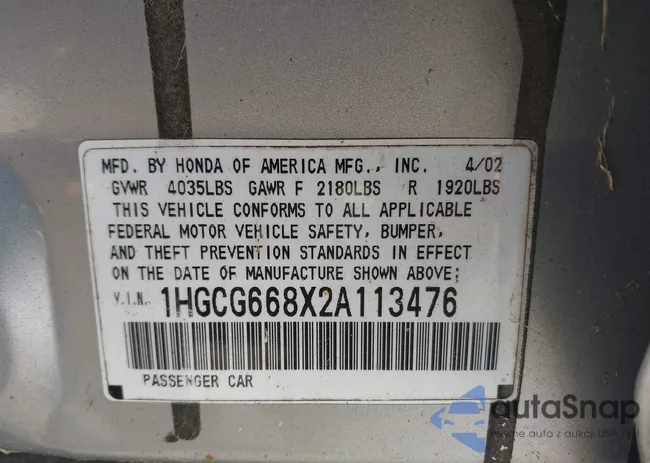 1HGCG668X2A113476: 43221968