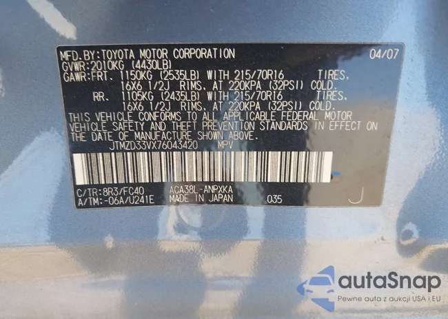 JTMZD33VX76043420: 43222027