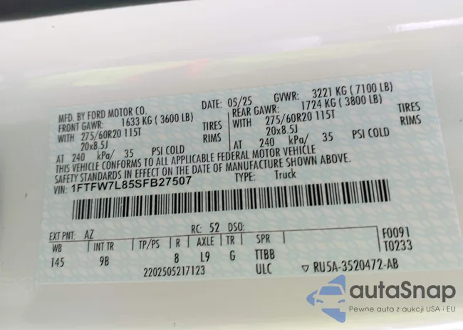 1FTFW7L85SFB27507: 43222282