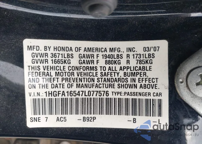 1HGFA16547L077576: 43222303