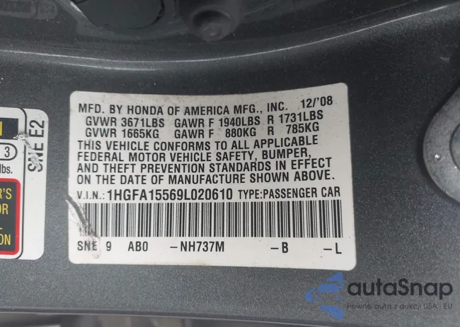 1HGFA15569L020610: 43222405