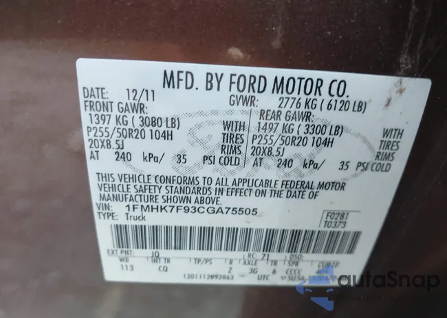 1FMHK7F93CGA75505: 43221609