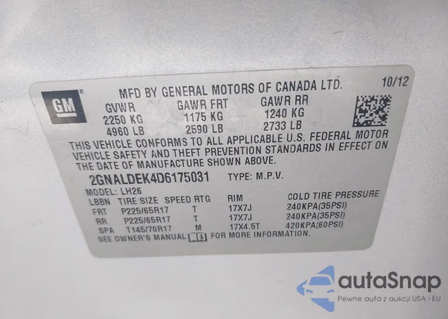 2GNALDEK4D6175031: 43221628