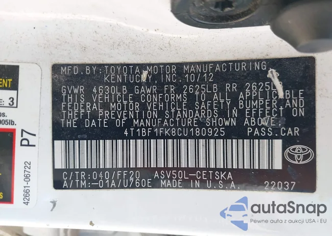 4T1BF1FK8CU180925: 43221679