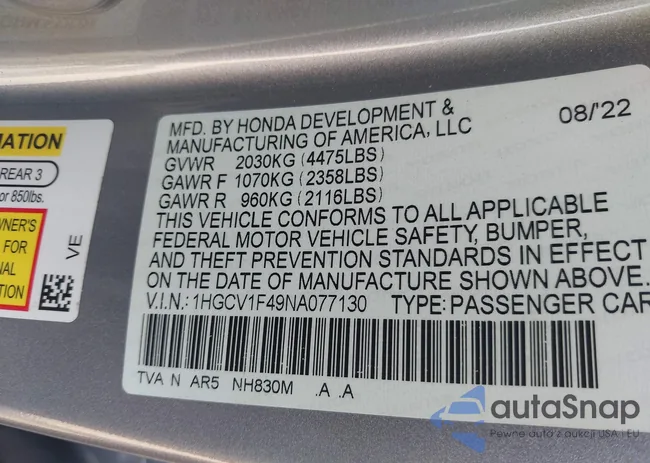 1HGCV1F49NA077130: 43221801