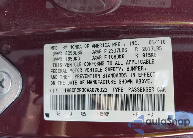 1HGCP2F30AA076322: 43222982