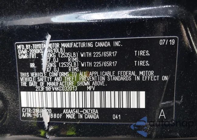 2T3F1RFV4KC032013: 43223181