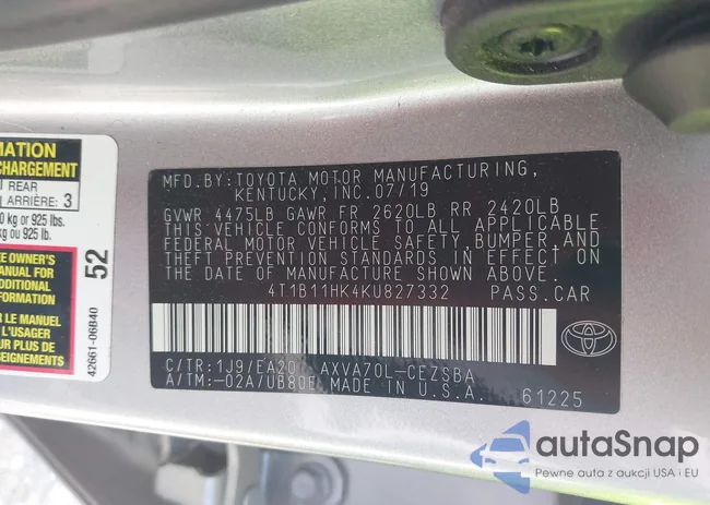 4T1B11HK4KU827332: 43222596